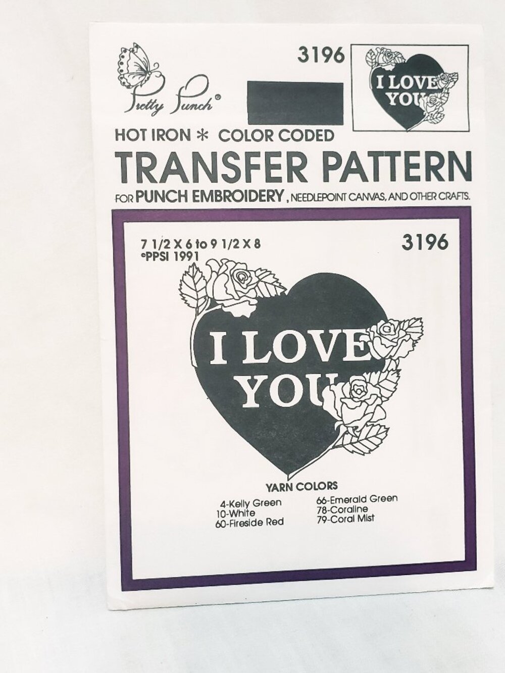 Pretty Punch Hot Iron Transfer Pattern I Love You Heart Roses Needlepoint 3196
